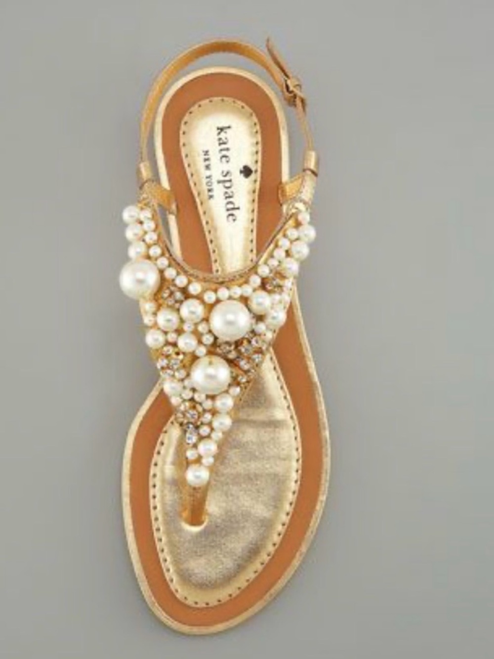 KATE SPADE IMANI PEARL THONG SANDALS IN GOLD FEATURING JEWEL CLUSTER